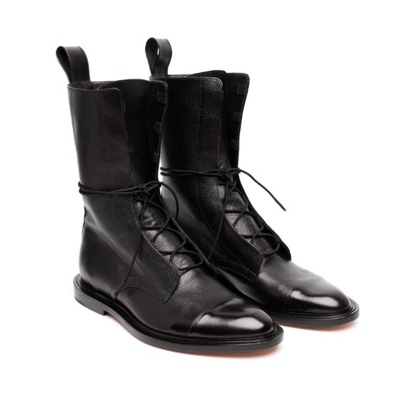 Massimo Dutti Lace Up Pebbled Leather Combat Boots Army Military Moto Booties 6 - Picture 2 of 13